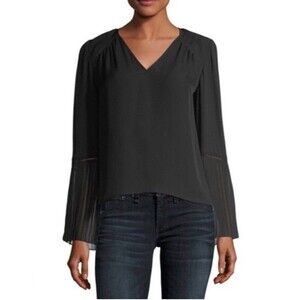 Ramy Brook Black 100% Silk V Neck Pleated Sleeve Whimsigoth Blouse Size Medium
